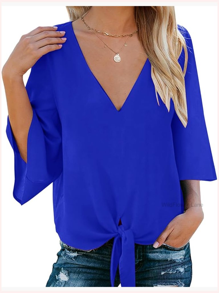 3/4 Bell Sleeve V Neck Tie Front Blouse